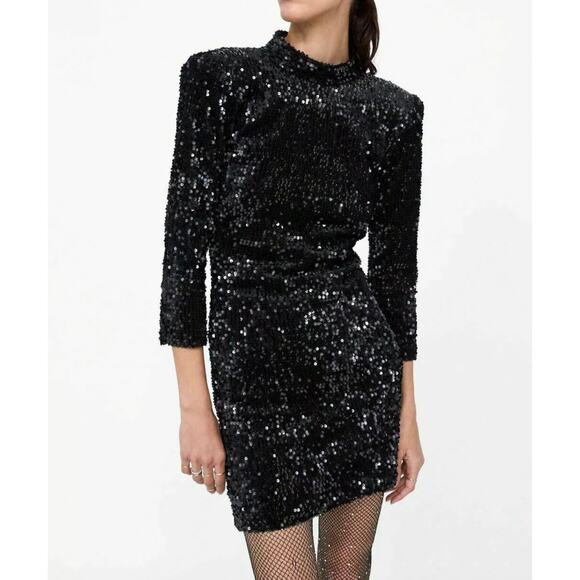 ZARA Velvet Sequin Dress Open Back Sparkle High Neck Dress, Black - Picture 2 of 13